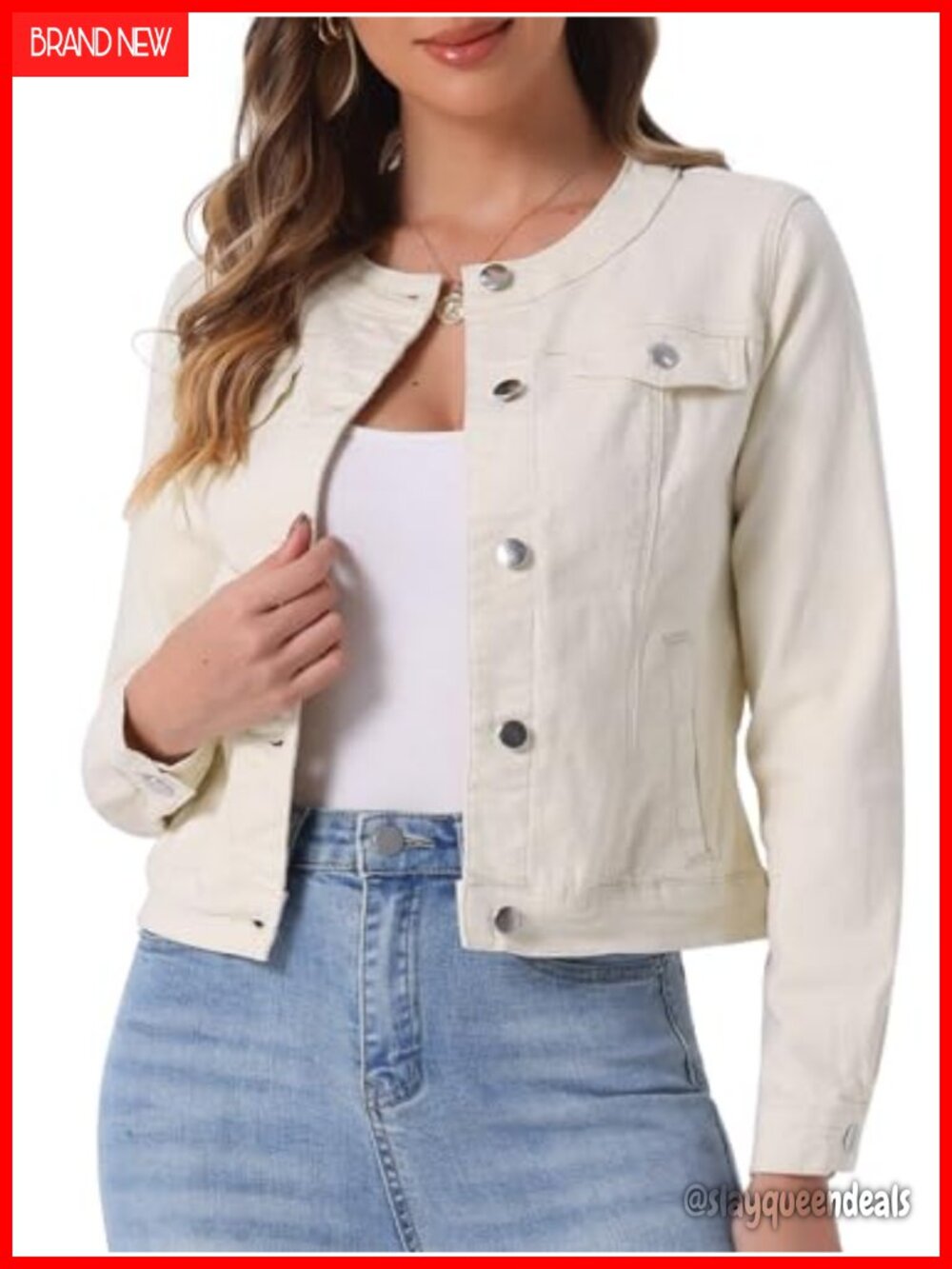 Women's Collarless Crop Denim Jacket Round Neck Button Front Jean